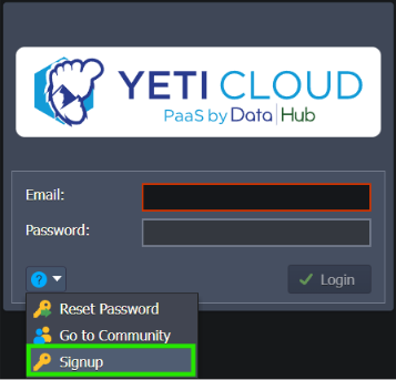 yeti cloud: Expand the menu at the bottom-left corner and select the Signup option: